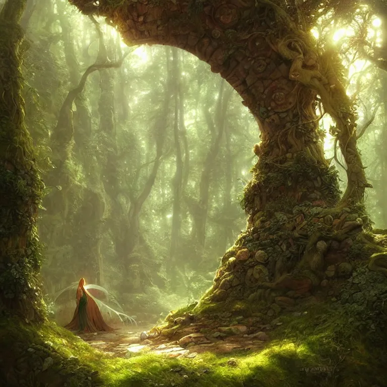 Prompt: Fantasy Magical fairy-tale stone portal in the forest. Round stone portal teleport in trees to other worlds. Fantastic landscape. Magic Altar in the fores, highly detailed, digital painting, artstation, concept art, smooth, sharp focus, illustration, art by greg rutkowski and alphonse mucha