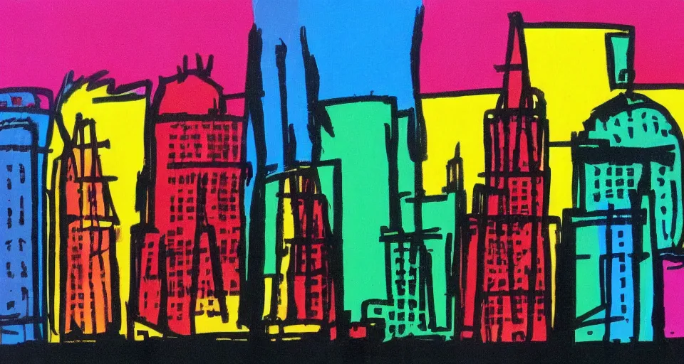 Image similar to color sketch of the london skyline, highly detailed, dramatic lighting, intense shadows, rich deep colours, by andy warhol