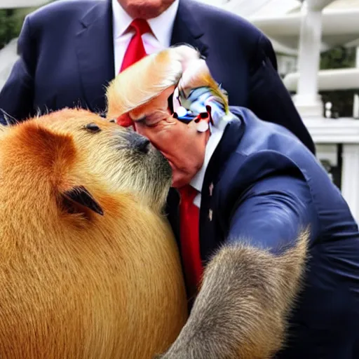 Prompt: a giant capybara kissing donald trump, photograph