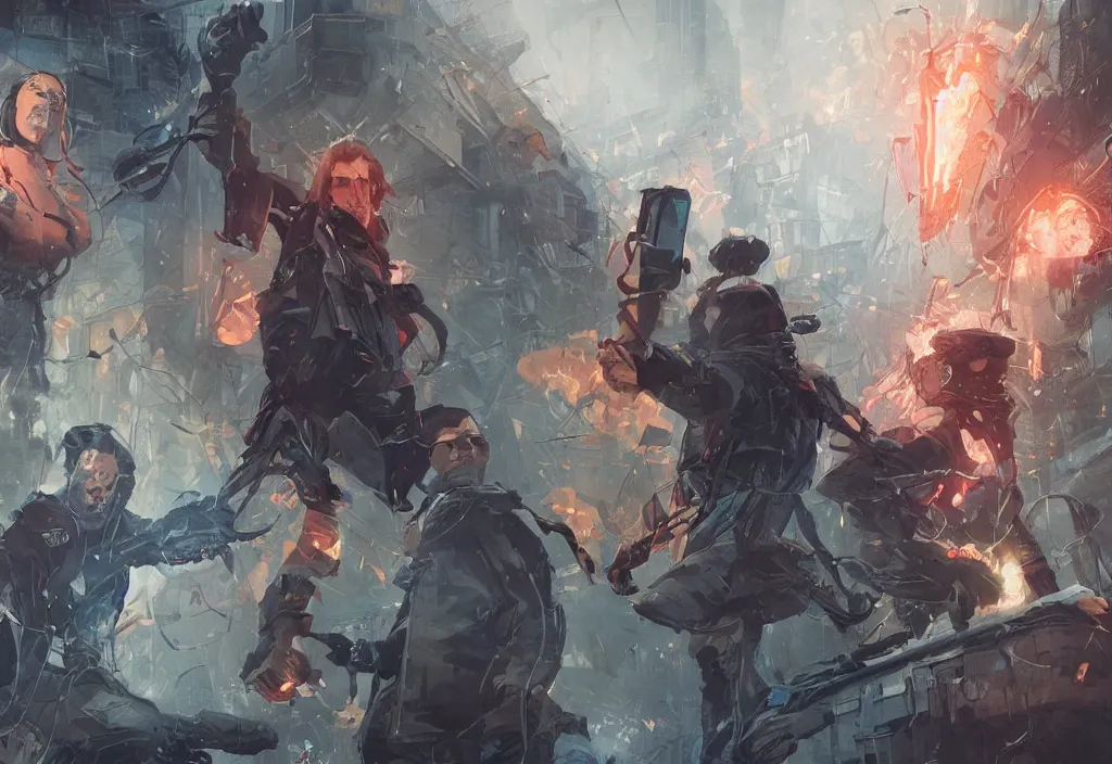 Prompt: two angry protesters, detailed digital illustration by greg rutkowski, medium shot, android netrunner