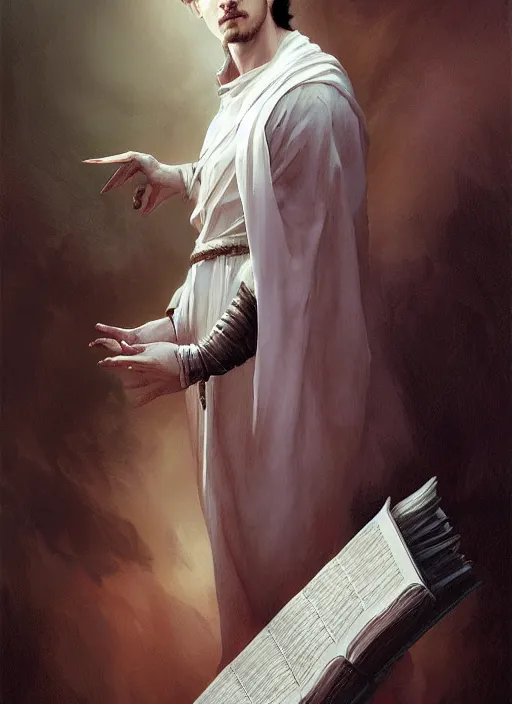 Prompt: character concept portrait of an attractive young angered Spanish wizard with pale grey skin enchanting a death spell, a floating iridescent spell book in the center, intricate, elegant, digital painting, concept art, smooth, sharp focus, illustration, from Metal Gear, by Ruan Jia and Mandy Jurgens and William-Adolphe Bouguereau, Artgerm