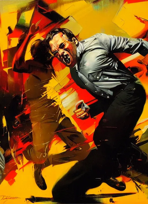 Prompt: 'howard hamlin'!! getting shot, head exploding, painting by phil hale, 'action lines'!!!, graphic style, visible brushstrokes, motion blur, blurry