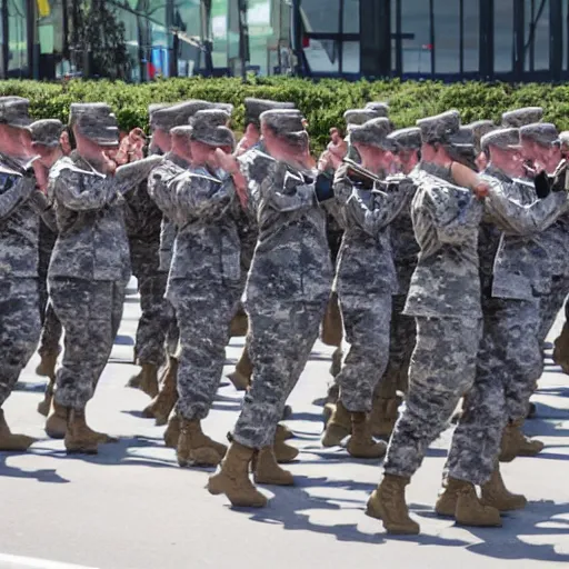 Image similar to a military parade doing goose steps while holding giant keyboards, 4 k photography