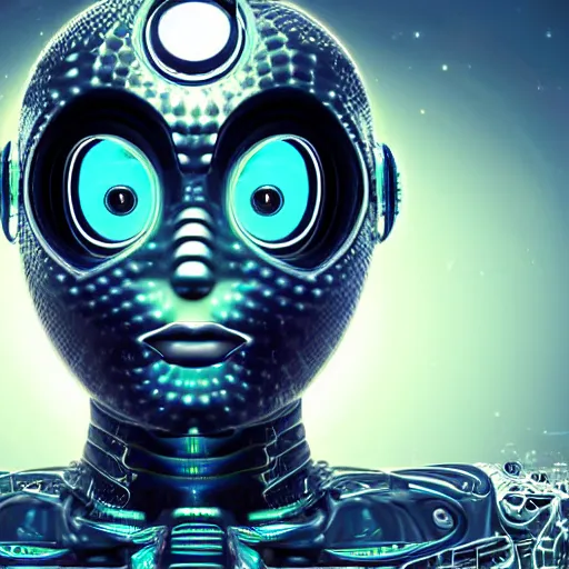 Image similar to an insanely detailed cibernetic artwork of a futuristic artificial intelligence superstar, centered image, perfectly symmetrical alien face, extremely detailed texture, with frames made of detailed fractals, octsne render, 4k, insanely detailed, detailed grid as background, cgi