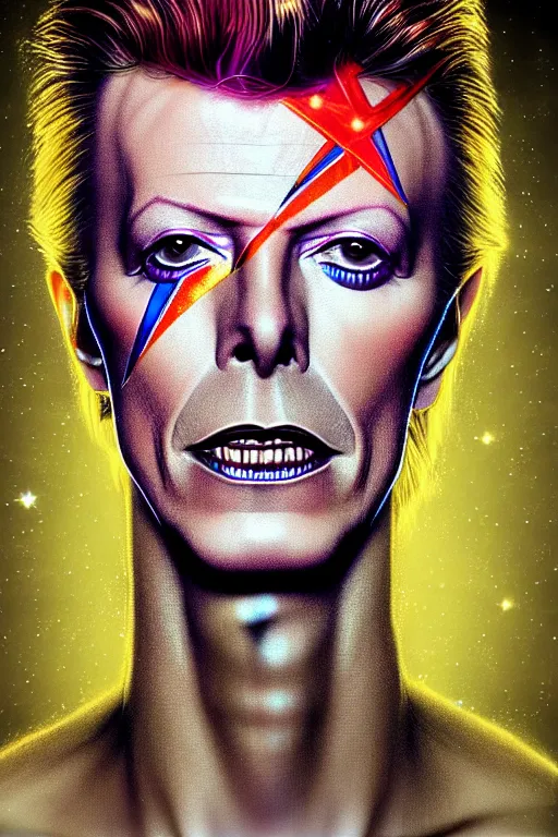 Image similar to Portrait of david bowie with a star tattoo on his eye , elegant, photorealistic, highly detailed, artstation, smooth, sharp focus, gold ornaments, neon lighting, sci-fi, art by Klimt