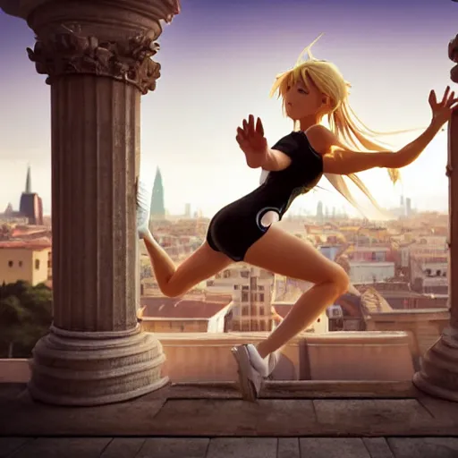 Image similar to blonde - haired princess, anime princess, wearing skinsuit, action pose, parkour, plaza, greco - roman pillars, golden hour, partly cloudy sky, sepia sun, strong lighting, strong shadows, vivid hues, ultra - realistic, sharp details, subsurface scattering, intricate details, hd anime, 2 0 1 9 anime