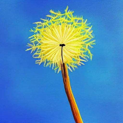 Prompt: a dancing dandelion in the clear blue sky, liminal, bob ross style