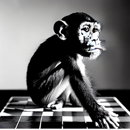 Image similar to black and white portrait photo of a monkey scratching his head, looking at a chess board, confused, annie liebovitz,