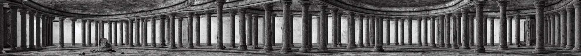 Prompt: photo of an immersive forgotten panopticon well, with columns and destroyed cybernetics from an ancient civilization, photorealistic, higly detailed dark, 3 6 0 picture, panorama, 3 5 mm slide, trending on flickr, in the style of, by francesca woodman, zachary corzine, zhelong xu, greg rutkowski and anders zorn