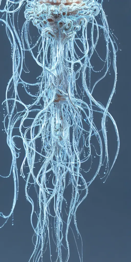 Image similar to a photorealistic render of a 3 d alien jellyfish sculpture, made of liquid metal and marble, c 4 d, by ernst haeckel and zhelong xu, complex and hyper realistic, plain background, 8 k, volumetric lightning, very detailed