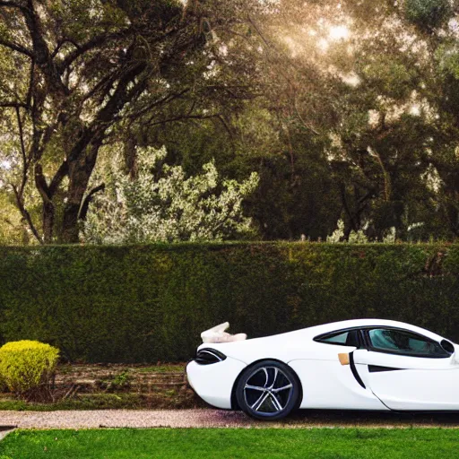 Prompt: A photo of a white dirty McLaren parked in the middle of a garden, 8K concept art, dreamy, garden, bushes, flowers, golden hour, vintage camera, detailed, UHD realistic faces, award winning photography, cinematic lighting