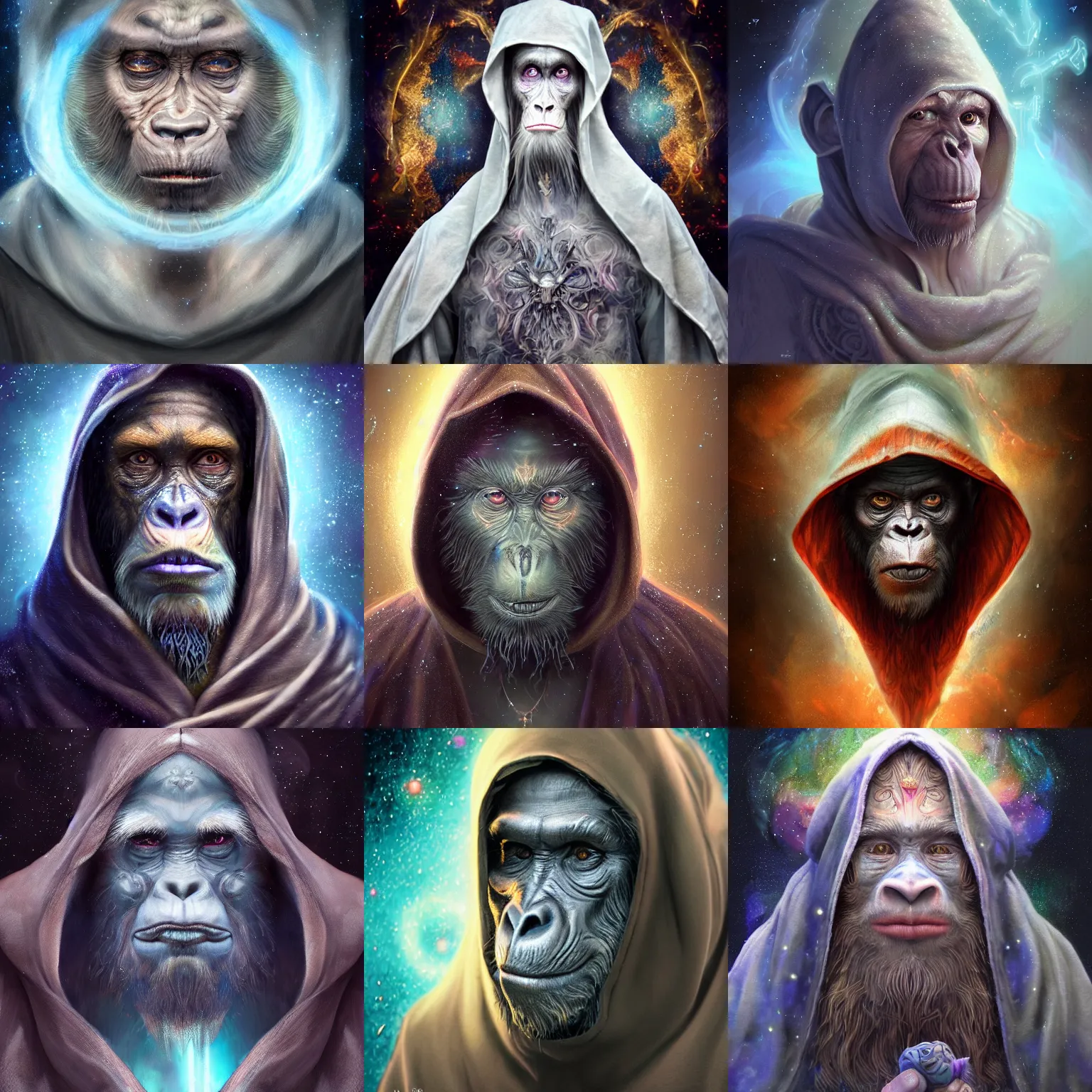 Image similar to a wlop 3 d render of very very very very highly detailed beautiful mystic portrait of a young ghost ape hooded mage with whirling galaxy around, tattoos by anton pieck, intricate, extremely detailed, digital painting, artstation, concept art, smooth, sharp focus, illustration, intimidating lighting, incredible art,