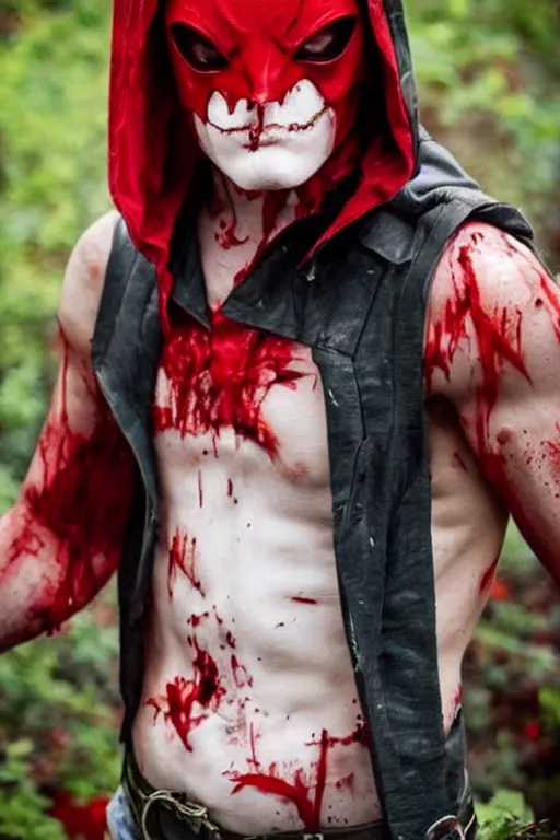 Image similar to red hood cosplay, creepy, disturbing, bloody