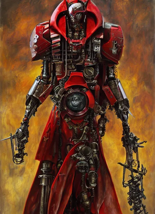 Image similar to portrait of rotten Tom Cruise as adeptus mechanicus in red hood and robe from Warhammer 40000. Highly detailed, artstation, illustration by and John Blanche and zdislav beksinski and wayne barlowe and Gustav Klimt