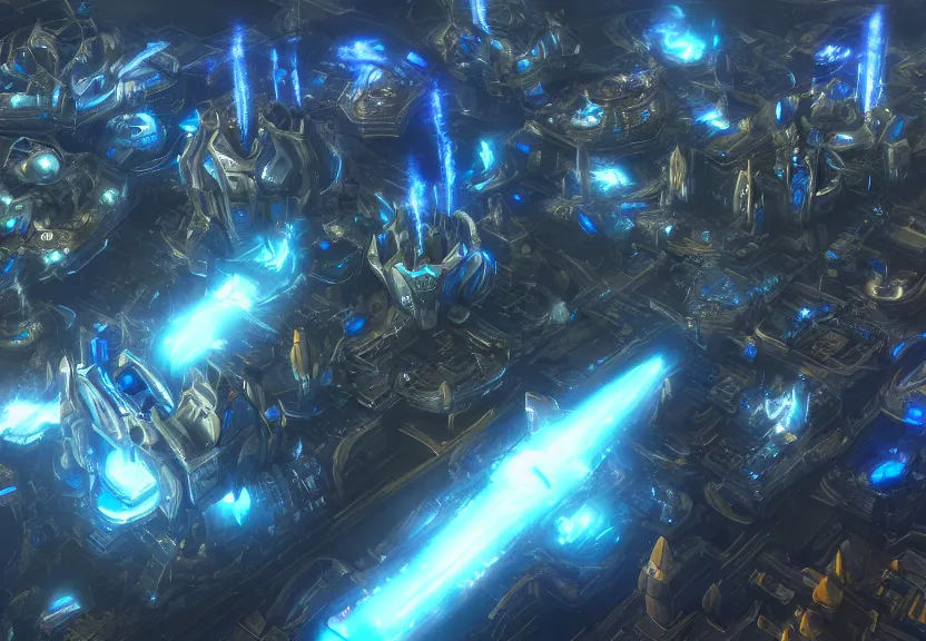 Image similar to protoss spaceship hovering above protoss city, with zerg forces in the distances beautiful art uhd 4 k, artstation, hdr, 4 k, incredible detail, cinematic lighting, unreal engine 5