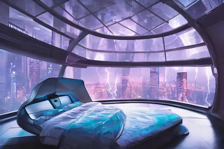 Image similar to a futuristic bedroom with large curved ceiling high windows looking out to a far future cyberpunk cityscape, cyberpunk neon lights, raining heavily with electric storm, scifi