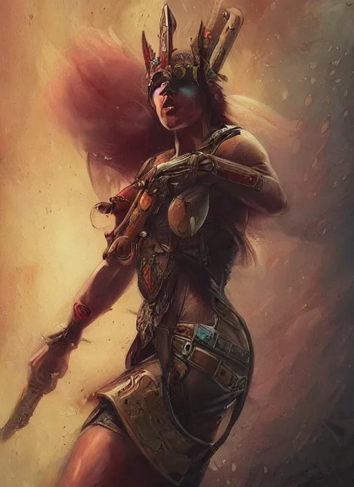 Prompt: photo of medieval tribal warrior ultra realistic, blade runner, peter mohrbacher, boris vallejo, saturated colors