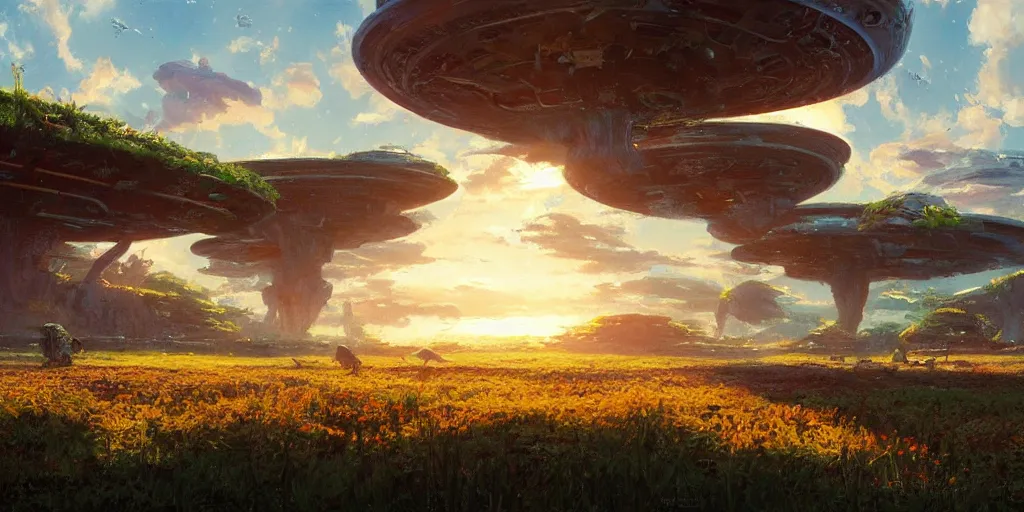 Image similar to an extraordinarily beautiful oil painting of an alien starship in a landscape in spring during sunrise ; lush vegetation ; the most beautiful painting in the world ; by makoto shinkai and craig mullins