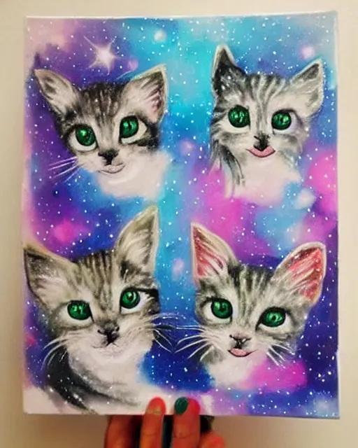 Image similar to cute galactic space kittens, painted in bright water colors