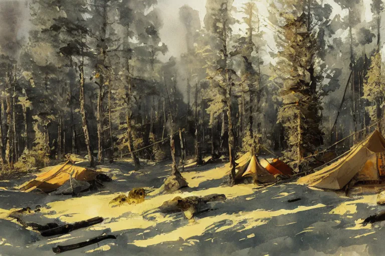 Prompt: small centered on white watercolor paper, paint brush strokes, abstract watercolor painting of scandinavian hunter tent camp, smoking log fire, birch tree forest, nightfall sharp light, cinematic light, american romanticism by hans dahl, by jesper ejsing, by anders zorn, by greg rutkowski, by greg manchess, by tyler edlin