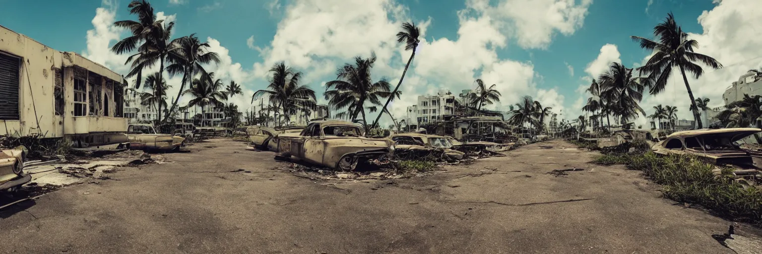 Image similar to wide angle shot of dilapidated fallout 5 miami, tropical coastal city in real life, desolate, dilapidated, empty streets, some rusted retro futuristic vintage styled parked vehicles like cars, buses, trucks, trams, sunny weather, few clouds, volumetric lighting, photorealistic, daytime, spring, sharp focus, ultra detailed