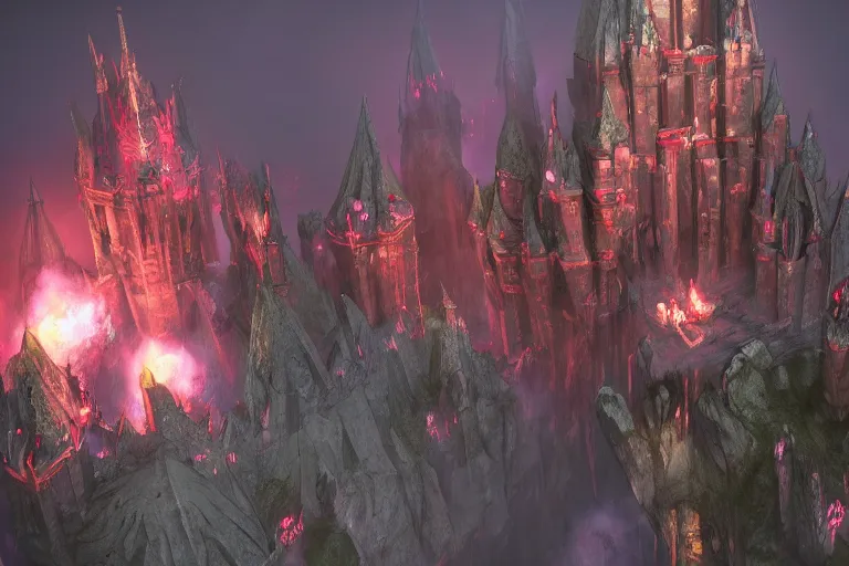 Image similar to big evil castle - city rock dark shadow elves, might and magic heroes vii, dark fantasy, shadows, artstation trending, unreal engine 5, red