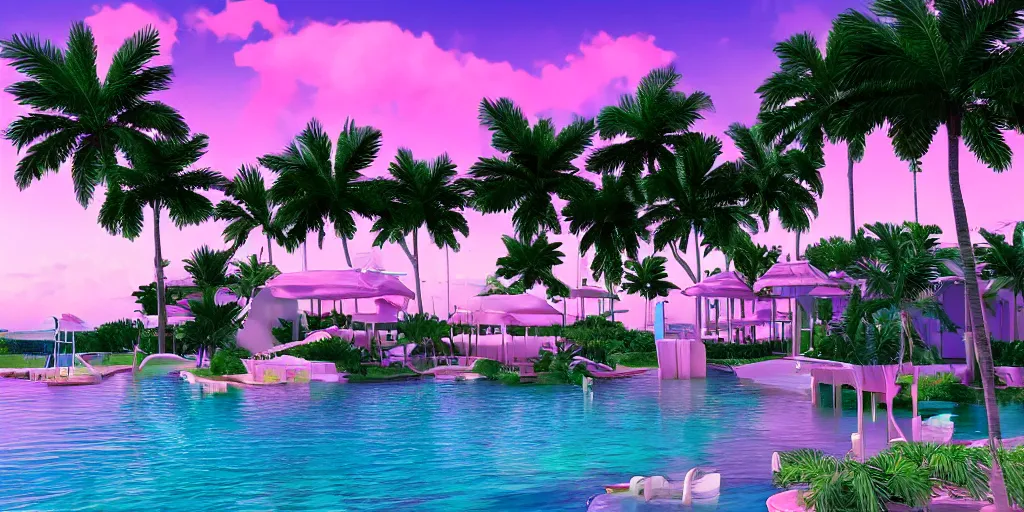 Image similar to artgem, hyperrealistic surreal virtual world of a florida keys resort with palm trees around a pool, a surreal vaporwave liminal space, pink sky, strange colors, unsettling vibe, minimalist architecture, metaverse, calming, meditative, dreamscape