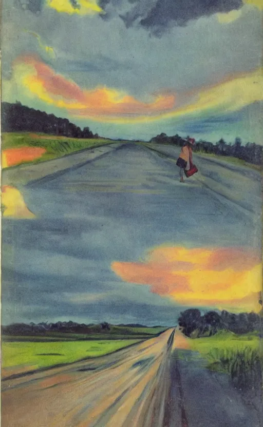 Image similar to paperback book cover. 1 9 5 0 s. pure colors, melting clouds, accurately drawn details, a sunburst above a receding road with the light reflected in furrows and ruts, after rain.