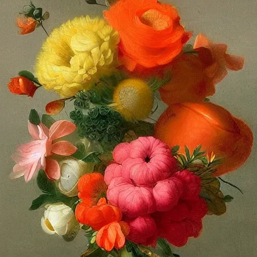 Prompt: lush floral bouquet in reds oranges yellows greens by rachel ruysch