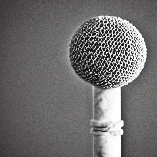 Image similar to an ancient sculpture of a microphone in white marble, close up photo, museum, ultra realistic, studio photo, bokeh, detailed.