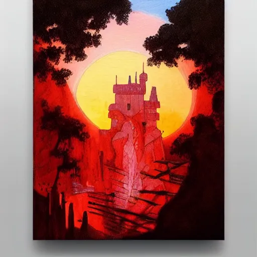 Image similar to a painting of a dreadful red sun over a castle with a waterfall in front of it. digital painting, vertical, intricate, beautiful, detailed, grunge, sharp focus, abstract art by el lissitzky and artgerm and kandinsky and kuvshinov, trending on artstation. gradient darker to bottom