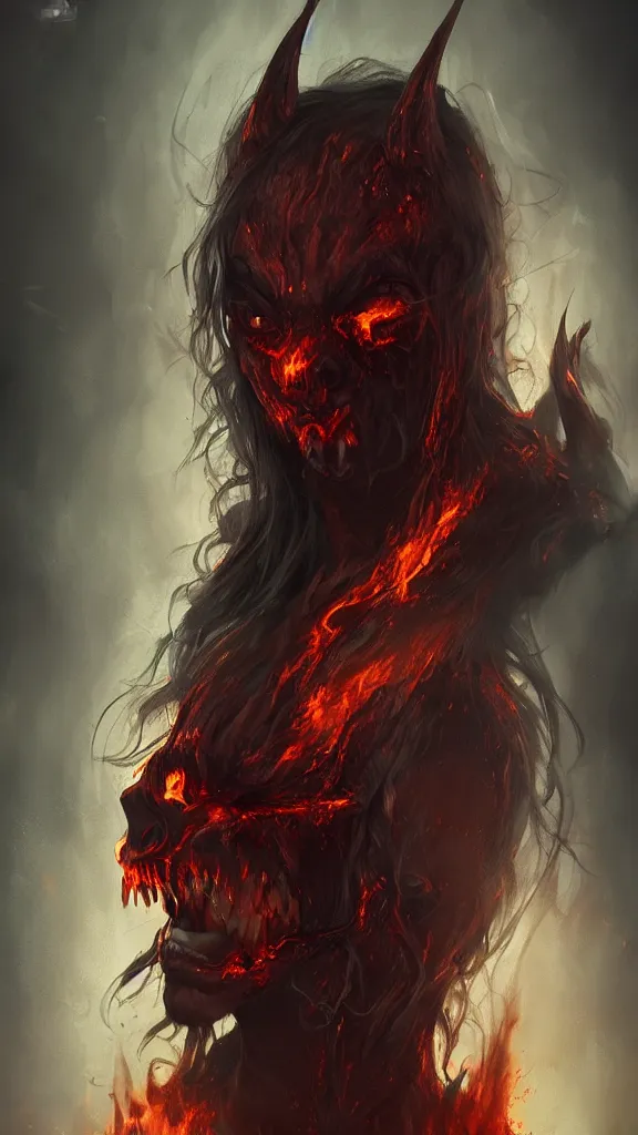 Image similar to portrait of demon from hell, full body shot, horror, fire, burning, fantasy, visually stunning, trending on artstation, cgsociety, artgerm