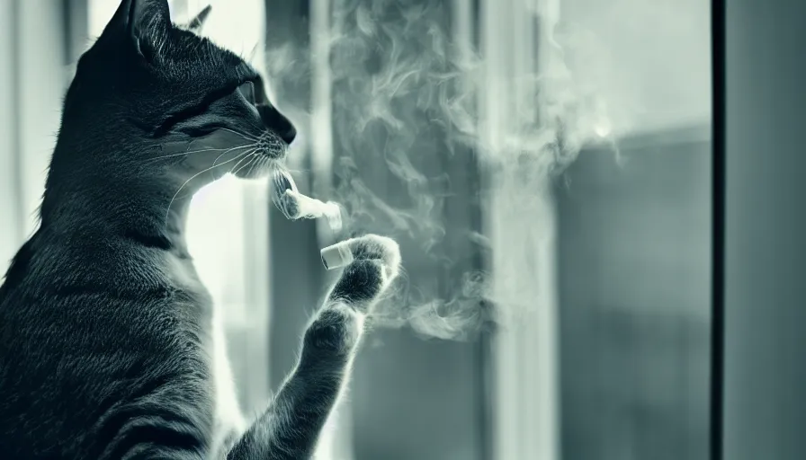 Prompt: cat smoking cigarette and leaning out a window, cinematic lighting, close-up, cinematography