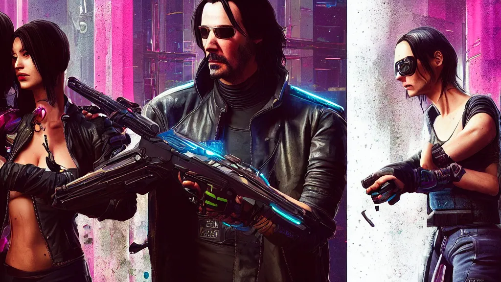 Prompt: a cyberpunk 2077 srcreenshot couple portrait of a Keanu Reeves holding a female androids,love,film lighting,by Laurie Greasley,Lawrence Alma-Tadema,Dan Mumford,John Wick,Speed,Replicas,artstation,deviantart,FAN ART,full of color,Digital painting,face enhance,highly detailed,8K,octane,golden ratio,cinematic lighting