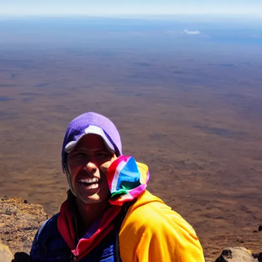 Prompt: a proud climber holding a rainbow flag, on the uhuru peak at the top of kilimanjaro, looking out over serengeti super detail, realistic professional photo