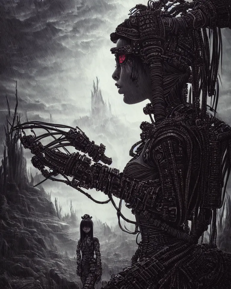 Image similar to ultra realist intricate detailed portrait of a dark samurai cyberpunk girl in an alien landscape, insanity, accurate features, apocalyptic, very intricate details, 8 k resolution, dim lighting, volumetric lighting, artstyle, brian despain and caspar david friedrich, award winning