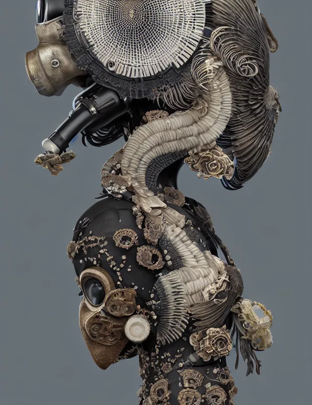 Image similar to 3 d goddess close - up profile portrait with vintage gas mask ram skull. beautiful intricately detailed japanese crow kitsune mask and clasical japanese kimono. betta fish, jellyfish phoenix, bio luminescent, plasma, ice, water, wind, creature, artwork by tooth wu and wlop and beeple and greg rutkowski