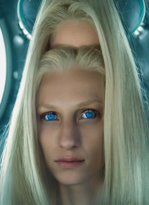Image similar to closeup portrait of a blonde alien plejaren woman inside a spaceship wearing a space uniform, depth of field, zeiss lens, detailed, symmetrical, centered, fashion photoshoot, by annie leibovitz and steve mccurry, david lazar, jimmy nelsson, breathtaking, 8 k resolution, extremely detailed, beautiful, establishing shot, artistic, hyperrealistic, beautiful face, octane render