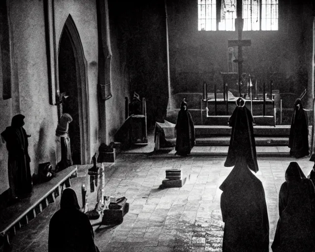 Image similar to a cultist ceremony, cultists with robes and masks, church interior, satanic church interior, the fog. horror lighting, found footage