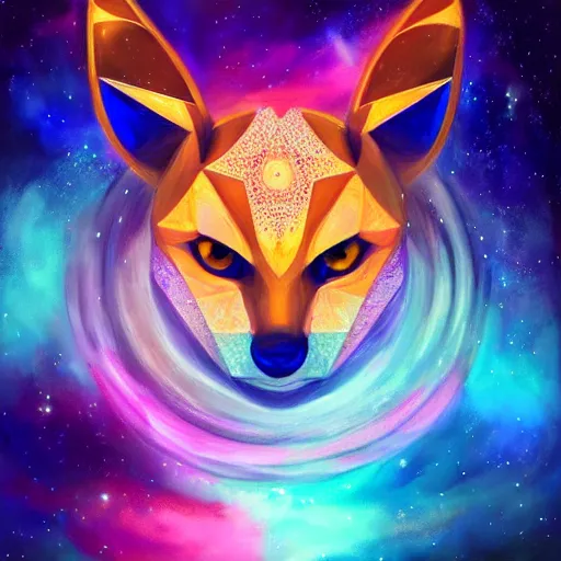 Prompt: geometric symmetrical jolteon with galaxy eyes in space, nebula in the background, intricate, elegant, highly detailed, digital painting, artstation, concept art, smooth, sharp focus, illustration, art by artgerm