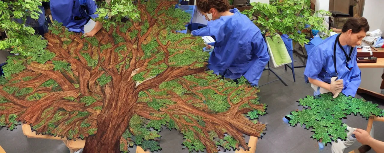 Image similar to a large jigsaw puzzle piece showing a tree being crafted by a doctor