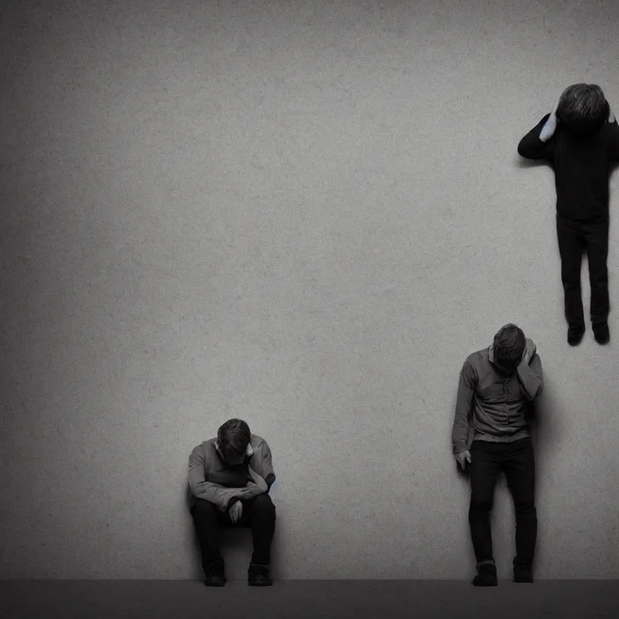 Image similar to atmospheric artwork about boredom and mental health. a man with his head leaned low against the wall, exasperation.