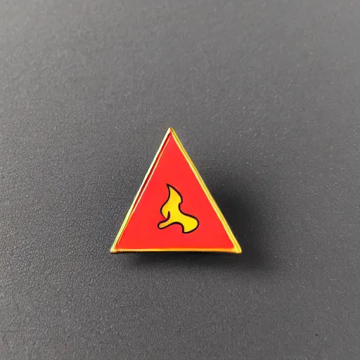 Prompt: a triangle enamel pin of a retro minimalistic fire flames warning label, smooth curves