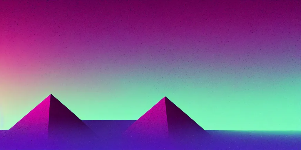 Image similar to purple digital desert, dawn, man in holographic coat, pyramids on the horizon, abstract holographic pastel, 1 9 8 0 s retro futuristic art, synthwave, vaporwave style