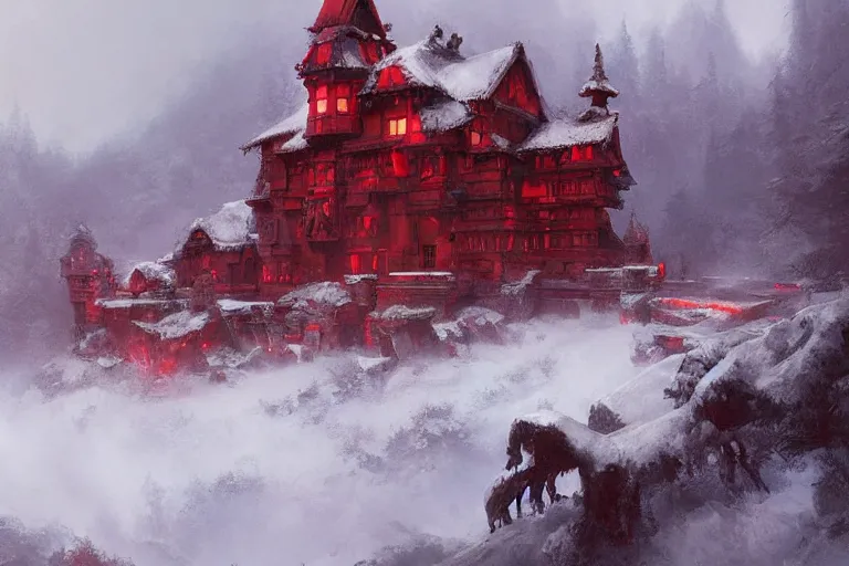 Prompt: A red castle with forested mountains in the background, oil painting, detailed, high fantasy, soft lighting, by Ruan Jia and Mandy Jurgens