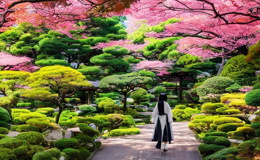 Image similar to A lonely anime girl in a kimono, walking through a traditional Japanese garden, anime scenery by Makoto Shinkai