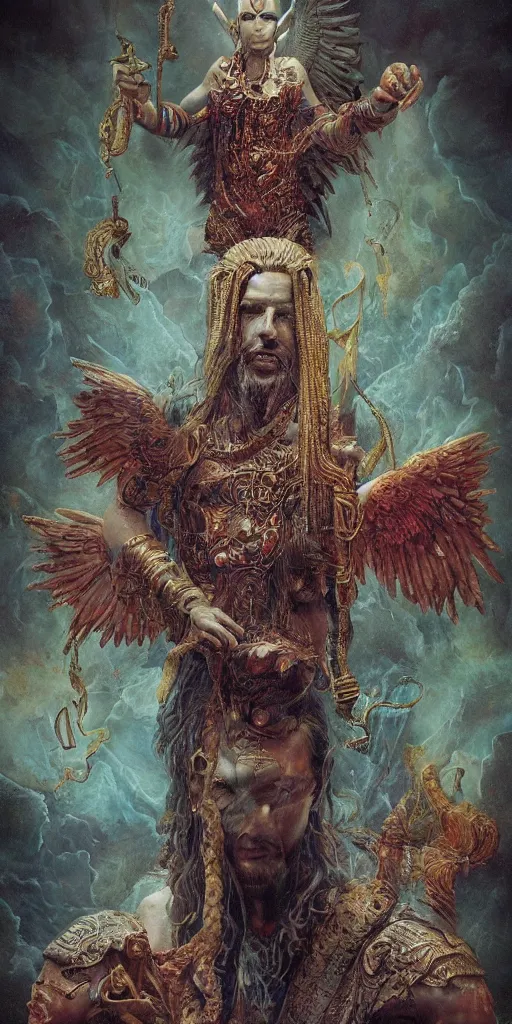 Image similar to Portrait of enki sumerian god, holding a strobilus in his left hand and wings. illustration, by James Jean, artgerm, octane render, by John Coltrane and Marc Simonetti, Manic, inspired by Greg rutkowski, colorful, high detail of the face, full body