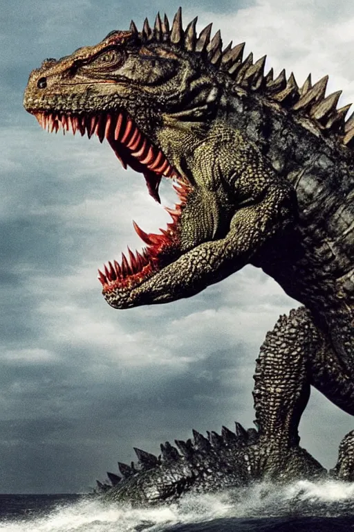 Image similar to Godzilla, kaiju, sea creature, crocodile, iguana, sharp teeth, scary look, angry