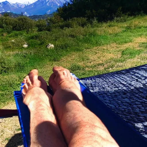 Image similar to my older italian wise friend on a hammock, reading new book, gravity is strong, he is very relaxed, snug legs, mountains in a background