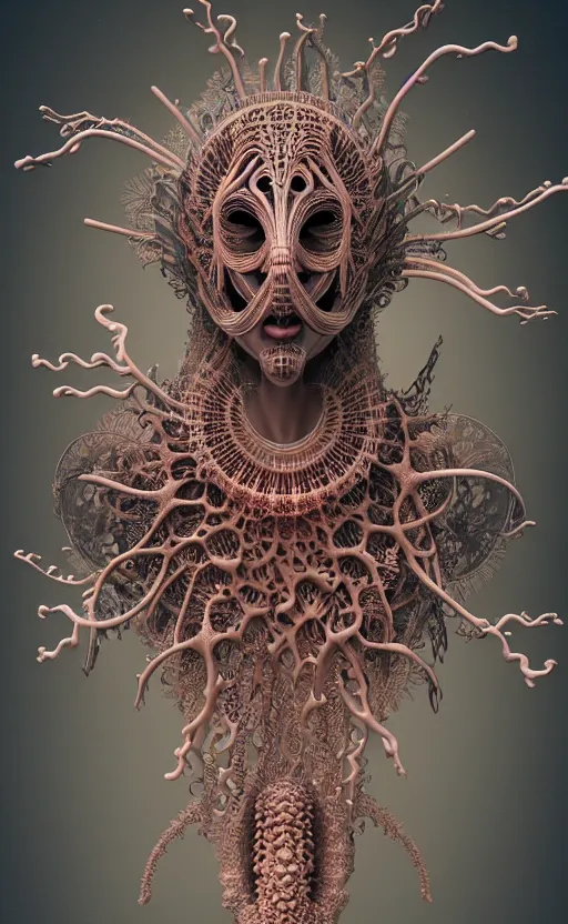 Image similar to gothic goddess intricate mask, eagle coral, jelly fish, mandelbulb 3 d, fractal flame, octane render, cyborg, biomechanical, futuristic, by ernst haeckel